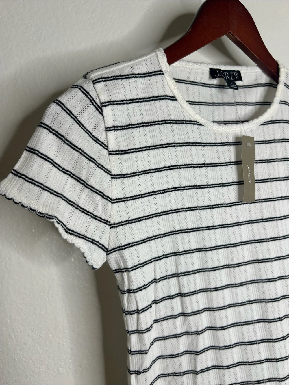 NWT J. Crew 100% Cotton Pointelle Knit White Black Striped Crew Neck T - Shirt